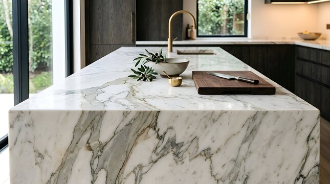 Luxury Marble Kitchen Island with Modern Brass Faucet and Natural Elements