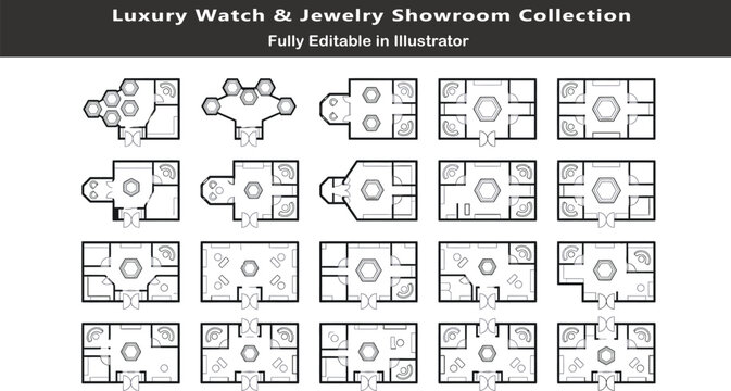 Luxury watch jewelry showroom architectural top down blueprints presenting high security boutique sketches hexagonal showcase pods vip rooms vectors