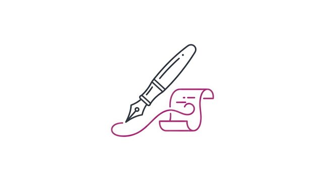 Fountain pen writing on paper scroll icon for document and creative authoring concepts.