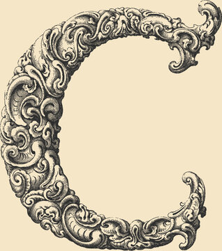 Ornate decorative letter C in stipple engraving style	