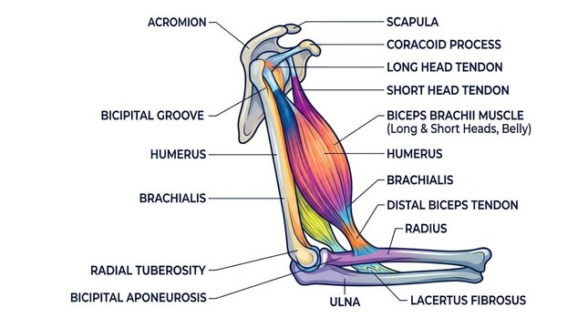 Anatomy chart of human bicep brachii muscle featuring humerus radius and ulna structure.