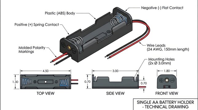 Technical drawing of single aa battery holder with abs plastic body and wire connection.
