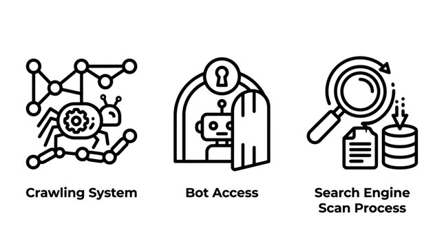Search engine web crawler and bot access icons with crawling automation scanning indexing internet security firewall technology optimization analysis software connectivity navigation