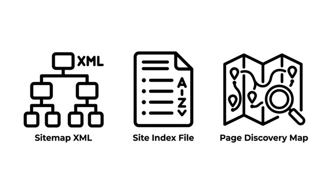 Website SEO architecture and sitemap icons set with optimization structure hierarchy discovery development navigation technical internet document technology information organization