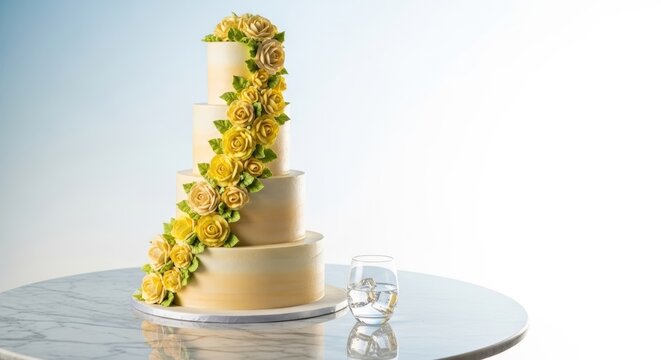 Elegant tiered wedding cake decorated with cascading yellow sugar flowers on a minimalist background, symbolizing luxury celebrations, romance, and refined dessert craftsmanship