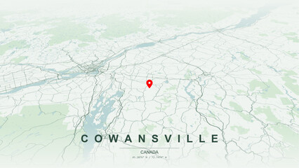 Minimalist vector map of Cowansville, Quebec. High-quality scalable illustration of Cowansville geographic boundaries, Yamaska River shoreline and Lake Davignon waterfront networks for posters design. © AliRza