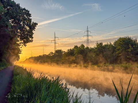 Misty Golden Sunrise over Canal with Power Pylons &ndash; Brecht, Belgi&euml;
