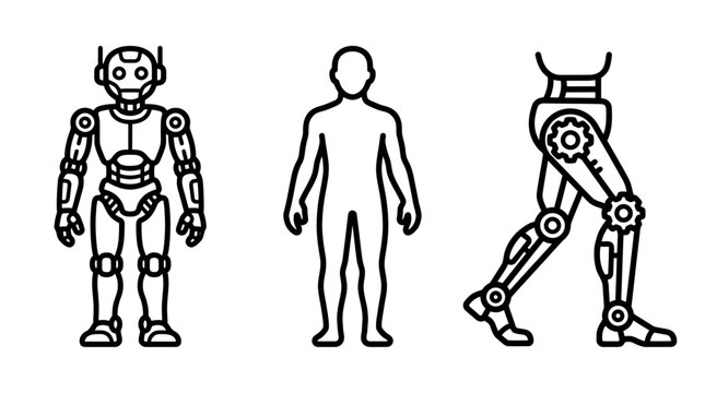 Robotic humanoid figures and mechanical bionic leg line art icons with humanoid mechanics prosthetic artificial intelligence technology engineering automation mechanical graphics development