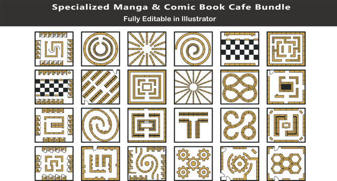 Specialized manga comic book cafe top down vector templates showing reading cubicle pods maze bookshelves mini counter blueprints asset