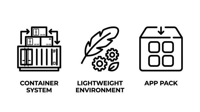 Cloud containerization and application packaging icons set with container lightweight environment application virtualization infrastructure software development computing deployment platform