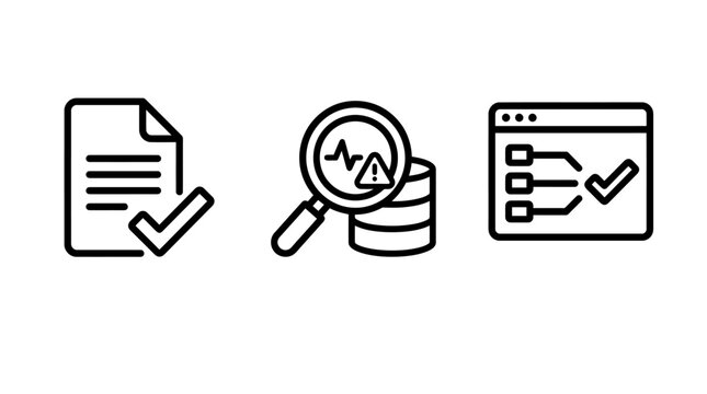 Set of cybersecurity icons representing data compliance audit security threat analysis digital workflow validation cybersecurity compliance security analysis workflow validation business
