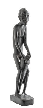 Wooden African statue of a skinny man working playing percussion, isolated on white