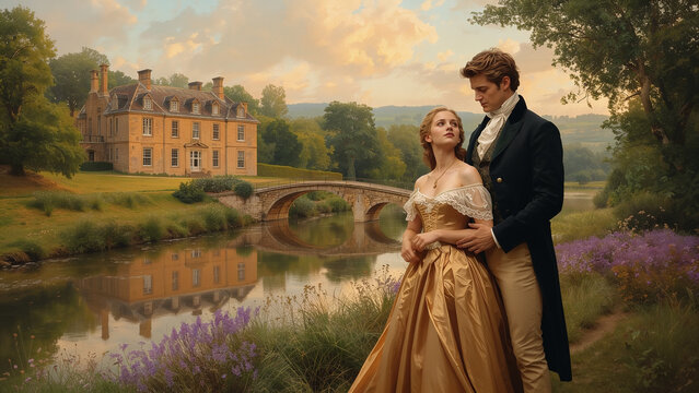 Cinematic wide banner of regency era couple in gold dress sharing an intimate look by a river. Historical romance novel background with english manor house and stone bridge