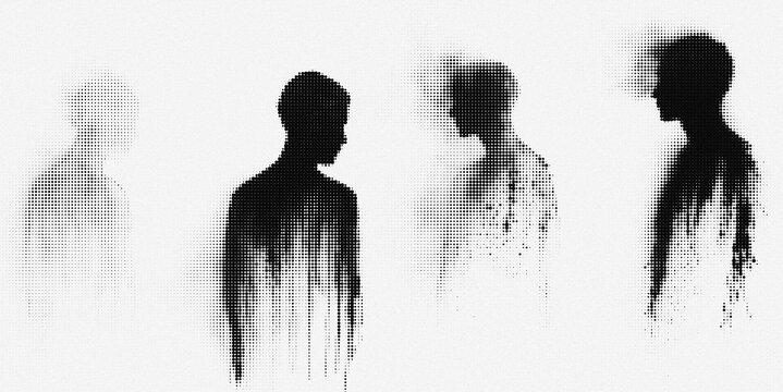Ephemeral Figures: Four stylized silhouettes of people dissolving into mist and dust, evoking a sense of transience and fading identity. A powerful artistic representation of memory, loss.