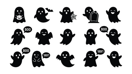 Collection of cute black silhouette ghost illustrations with various playful expressions and Halloween elements © MDRAHMAT