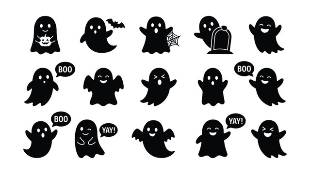 Collection of cute black silhouette ghost illustrations with various playful expressions and Halloween elements