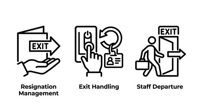Resignation management and staff departure process icons with resignation management departure business offboarding documentation procedure authorized identification turnover workplace
