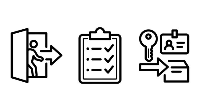 Staff exit procedure and access control icon set with procedure checklist identification departure resignation business security compliance documentation verification workplace management