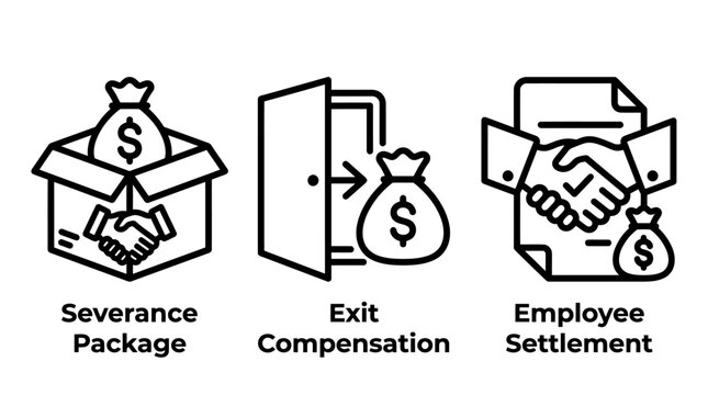 Severance package and employee compensation financial icons with severance compensation settlement business employee agreement handshake contract termination corporate resources management