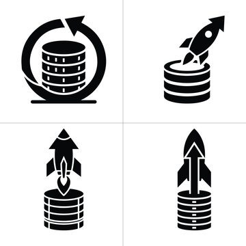 Black and white icons of rockets launching from coin stacks  business growth concept