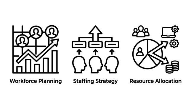 Business workforce planning staffing strategy and resource allocation line icon set with workforce planning staffing strategy resource allocation business management corporate analysis