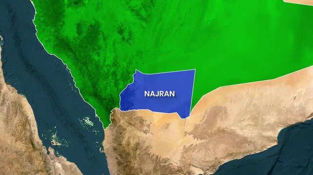 Animated motion graphics highlighting the Najran region within Saudi Arabia