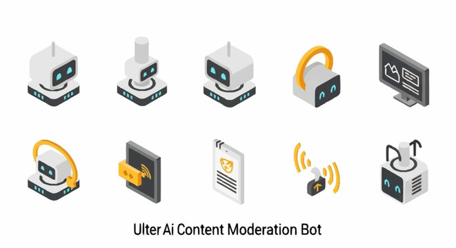 Isometric icons for AI content moderation and digital security.