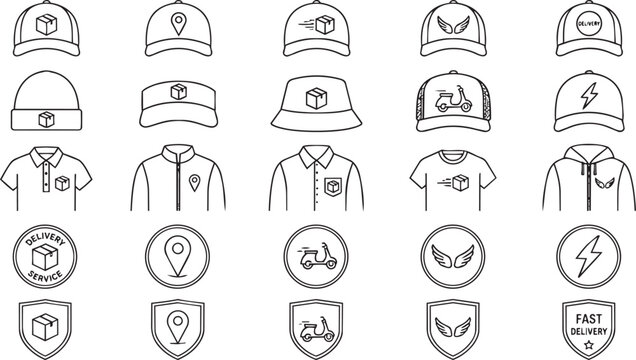 Delivery uniform clothing and logo icon set for courier services