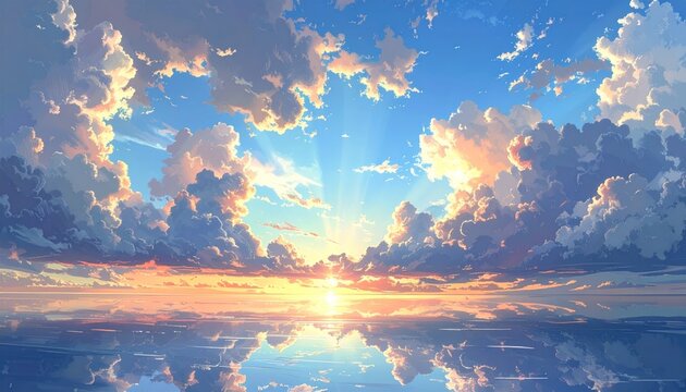 Anime-style artwork golden sunset over calm water, sunburst through fluffy clouds, reflections