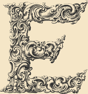 Ornate decorative letter E in stipple engraving style	