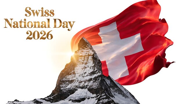 Swiss national day 2026 celebration mountain and flag with switzerland national mountain celebration patriotic landscape anniversary tradition conceptual creative isolated identity