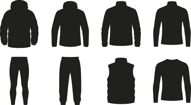 Vector silhouettes of winter and athletic outerwear including jackets hoodies vests sweatpants and long sleeve shirts