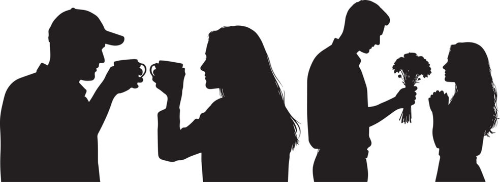 Black silhouette couple celebrating love with coffee cups and flower gift, romantic relationship moment, social connection, lifestyle vector illustration isolated background