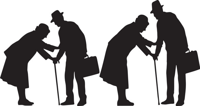 Black silhouette elderly person greeting business man with walking cane and briefcase, senior care support, respect and professional assistance vector illustration