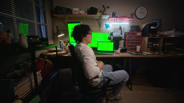 Portrait of Asian young adult man turning away from multiple green screen monitors in home office. Footage is suitable for tech startups, remote work, and software development commercials, zoom out