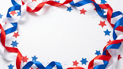 Obraz premium Us patriotic border ribbon frame with red white blue star confetti festive design. american 250 years independence celebration. freedom symbol, banner frame design, background copy space