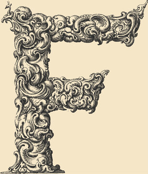 Ornate decorative letter F in stipple engraving style	
