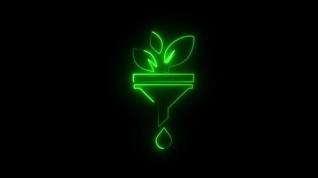 Neon plant funnel animation .Glowing neon line Funnel or filter icon isolated on black background. 4K Animation Video ..