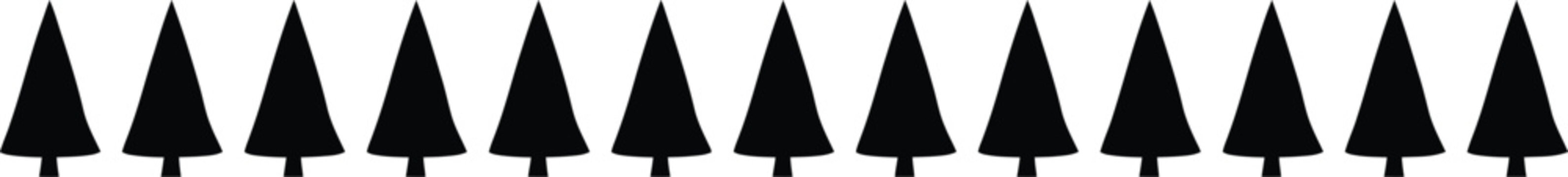Row of simple pine tree silhouettes, evergreen forest icons