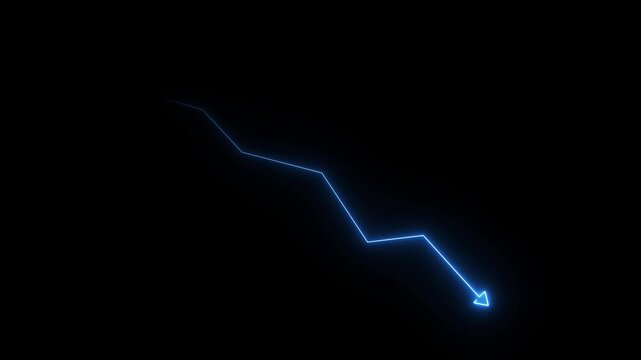 Glowing red neon downward graph with arrow indicating decline, loss, and negative trends on a dark, abstract background, perfect for conveying risk, crisis 4K Animation.