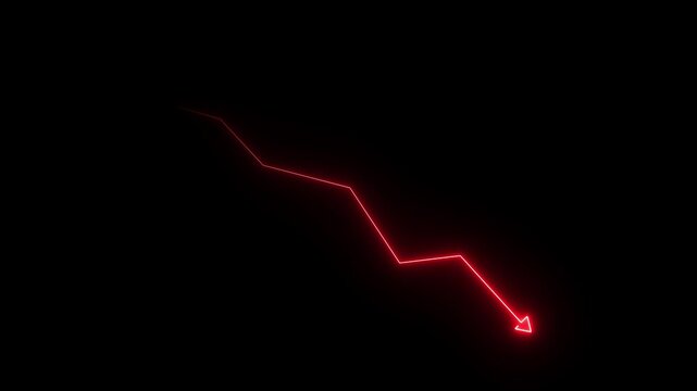 Glowing red neon downward graph with arrow indicating decline, loss, and negative trends on a dark, abstract background, perfect for conveying risk, crisis 4K Animation.