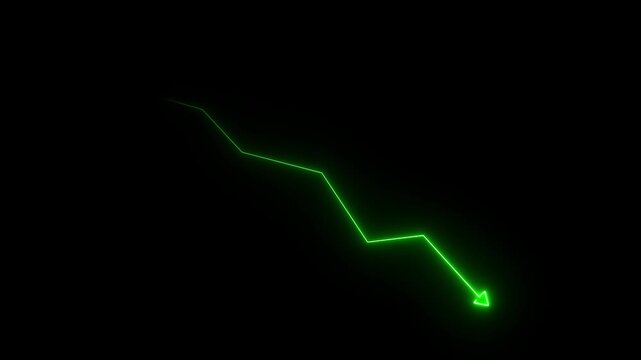 Glowing red neon downward graph with arrow indicating decline, loss, and negative trends on a dark, abstract background, perfect for conveying risk, crisis 4K Animation.