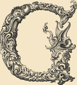 Ornate decorative letter G in stipple engraving style	