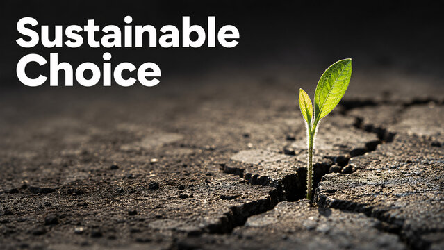 Small green sprout growing through a crack in dry parched earth with "Sustainable Choice" text
