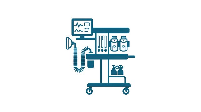 Blue silhouette of anesthesia machine with monitor and gas cylinders.