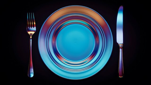 Elegant Dinner Plate Setting with Iridescent Metallic Cutlery Against a Dark Minimalist Background for Fine Dining Presentation