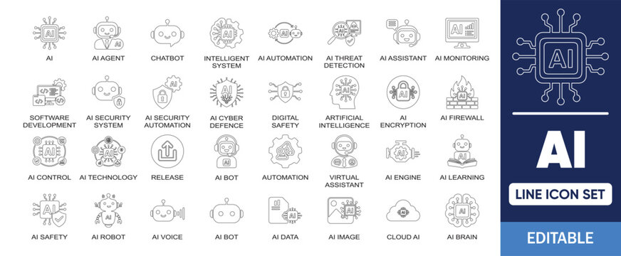 AI editable line icon set. Includes symbols by ai agent , chatbot, automation, ai assistant, learning, technology and more. Artificial intelligence and Virtual assistant vector icons collection.
