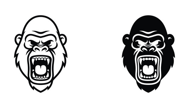 Angry gorilla roaring black and white vector illustration