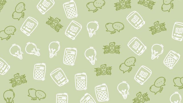 Seamless background pattern with hand-drawn icons representing education and learning. Features include lightbulbs for ideas, calculators for math, ebooks for reading, and speech bubbles 