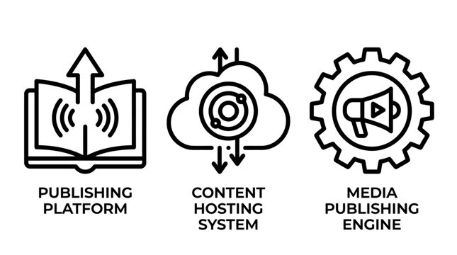 Digital publishing media platform and content hosting infrastructure icons with publishing platform broadcast infrastructure megaphone streaming distribution transmission technology software